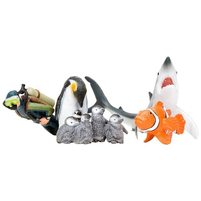 Набор фигурок: акула, рыба-клоун, пингвин и пингвинята, дайвер, 5 предметов от компании Интернет-гипермаркет «MALL24» - фото 1