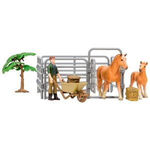 Набор фигурок: Авелинская лошадь и жеребенок, фермер, дерево, ограждение-загон, инвентарь