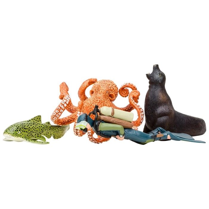 Набор фигурок: дайвер, осьминог, морской лев, зебровая акула, 4 предмета от компании Интернет-гипермаркет «MALL24» - фото 1