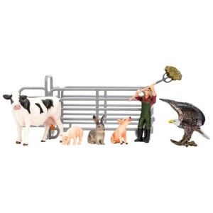 Набор фигурок: фермер, корова, 2 поросенка, кролик, орел, ограждение-загон, инвентарь