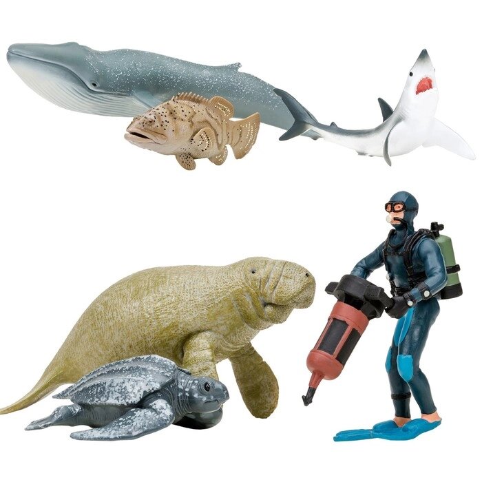 Набор фигурок: кит, ламантин, акула, кожистая черепаха, рыба групер, дайвер, 6 предметов от компании Интернет-гипермаркет «MALL24» - фото 1