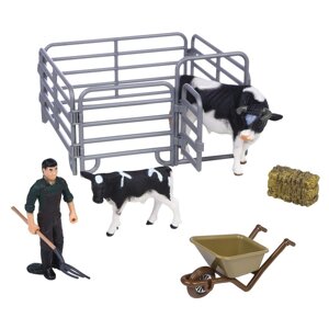 Набор фигурок: корова белая с черным, теленок, фермер, ограждение-загон, 7 предметов