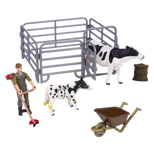 Набор фигурок: корова белая с черным, теленок, фермер, ограждение-загон, 7 предметов