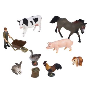 Набор фигурок: лошадь, корова, свинья, 2 кролика, гусь, петух, фермер, тележка, 9 предметов 100514