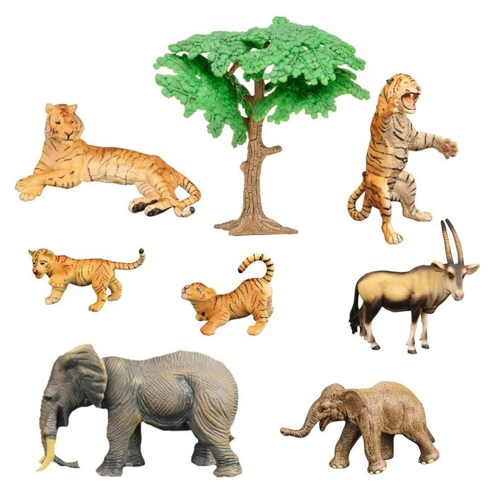 Набор фигурок "Мир диких животных": 2 слона, семья тигров, антилопа, 8 предметов от компании Интернет-гипермаркет «MALL24» - фото 1