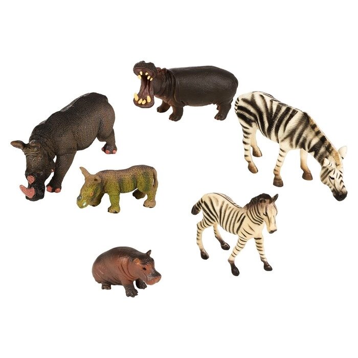 Набор фигурок "Мир диких животных": 2 зебры, 2 бегемота, 2 носорога, 6 фигурок от компании Интернет-гипермаркет «MALL24» - фото 1