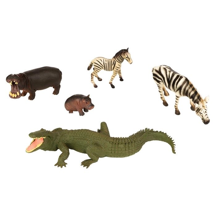 Набор фигурок "Мир диких животных": 2 зебры, 2 бегемота и крокодил, 5 фигурок от компании Интернет-гипермаркет «MALL24» - фото 1