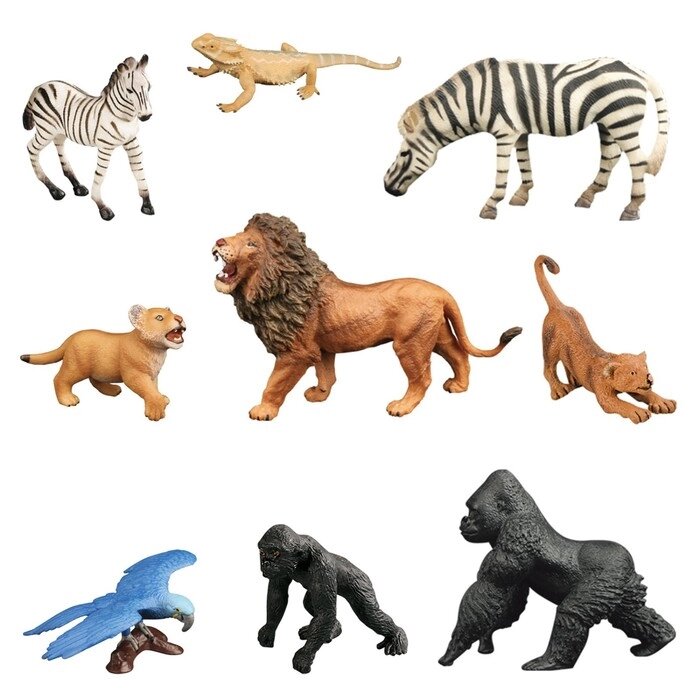 Набор фигурок "Мир диких животных": 2 зебры, 3 льва, попугай, варан, 2 гориллы, 9 фигурок от компании Интернет-гипермаркет «MALL24» - фото 1
