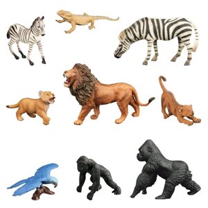Набор фигурок "Мир диких животных"2 зебры, 3 льва, попугай, варан, 2 гориллы, 9 фигурок