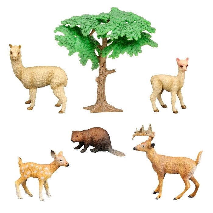 Набор фигурок "Мир диких животных": бобер, лама с детенышем, олень с оленёнком, 6 предметов   100511 от компании Интернет-гипермаркет «MALL24» - фото 1