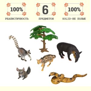 Набор фигурок "Мир диких животных"муравьед, лемур, шиншилла, ягуар, змея, 6 предметов