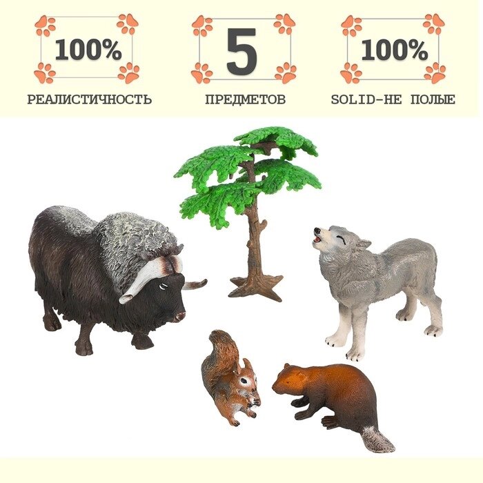 Набор фигурок "Мир диких животных": овцебык, бобер, волк, белка, 5 предметов от компании Интернет-гипермаркет «MALL24» - фото 1