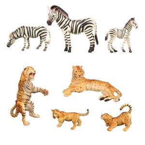 Набор фигурок "Мир диких животных"семья тигров и семья зебр, 7 предметов