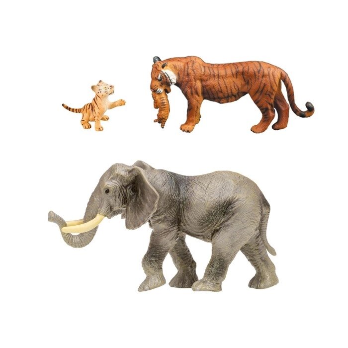 Набор фигурок "Мир диких животных": слон и семья тигров, 3 предмета от компании Интернет-гипермаркет «MALL24» - фото 1