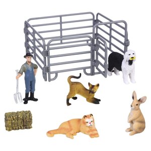 Набор фигурок "На ферме"2 кошки, собака, кролик, фермер, ограждение, 8 предметов