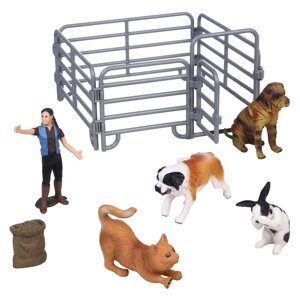 Набор фигурок "На ферме"2 собаки, кошка, кролик, заводчица, ограждение, 7 предметов