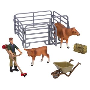 Набор фигурок: рыжая корова, теленок, фермер, ограждение-загон, аксессуары, 7 предметов
