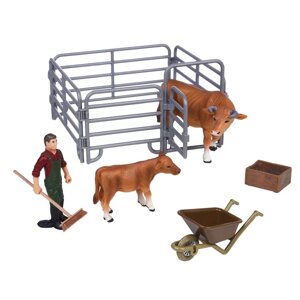 Набор фигурок: рыжий бык, теленок, фермер, ограждение-загон, аксессуары, 7 предметов