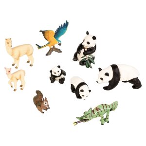 Набор фигурок: семья панд, белка, попугай, хамелеон, 2 ламы, 9 фигурок