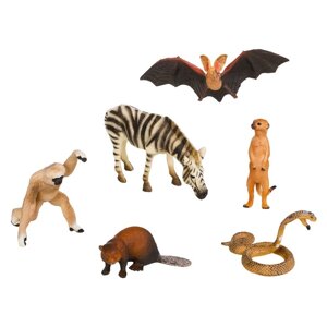 Набор фигурок: зебра, летучая мышь, змея, сурикат, бобер, обезьяна, 6 фигурок