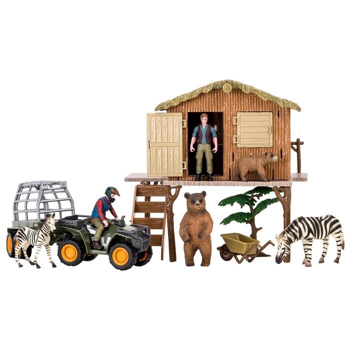 Набор фигурок: зебры, медведи, квадроцикл для перевозки животных, фермер, инвентарь от компании Интернет-гипермаркет «MALL24» - фото 1
