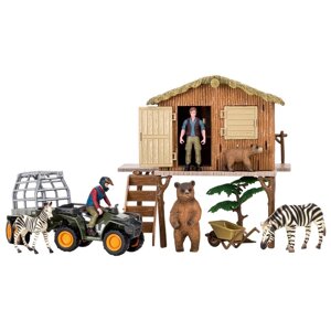 Набор фигурок: зебры, медведи, квадроцикл для перевозки животных, фермер, инвентарь