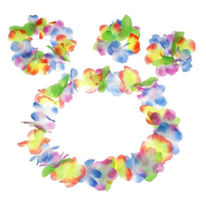 Набор гавайская тема 4 в 1: ожерелье, венок, 2 браслета, многоцветные цветы от компании Интернет-гипермаркет «MALL24» - фото 1
