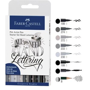 Набор капиллярных ручек для Леттеринга Pitt Artist Pen Lettering 7 предметов: ручка-кисть 6 цветов оттенки серого,