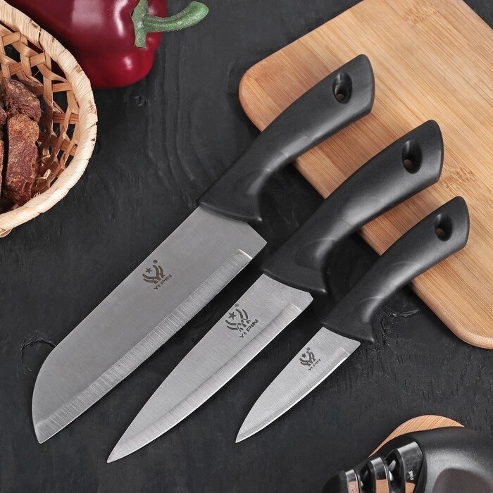 Набор кухонных ножей "Энеолит", 3 предмета: лезвие 8,5/15/17 см, цвет чёрный от компании Интернет-гипермаркет «MALL24» - фото 1
