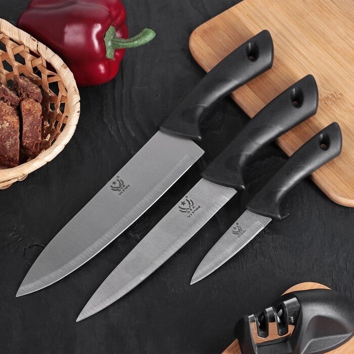 Набор кухонных ножей "Энеолит", 3 предмета, лезвие 8,5/17/20 см, цвет чёрный от компании Интернет-гипермаркет «MALL24» - фото 1