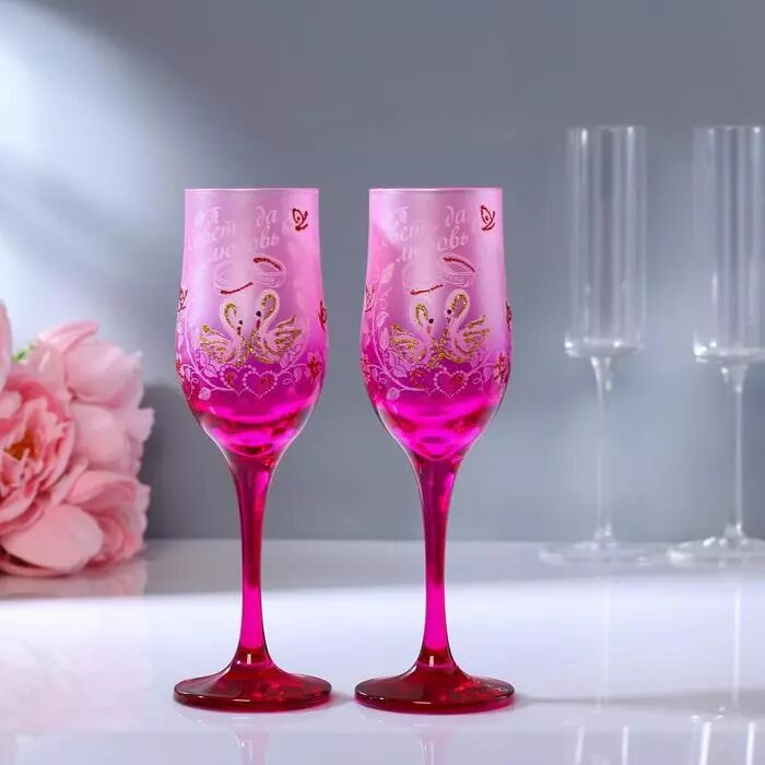 Набор свадебных бокалов "Совет да любовь", 200 мл, красно-розовый от компании Интернет-гипермаркет «MALL24» - фото 1