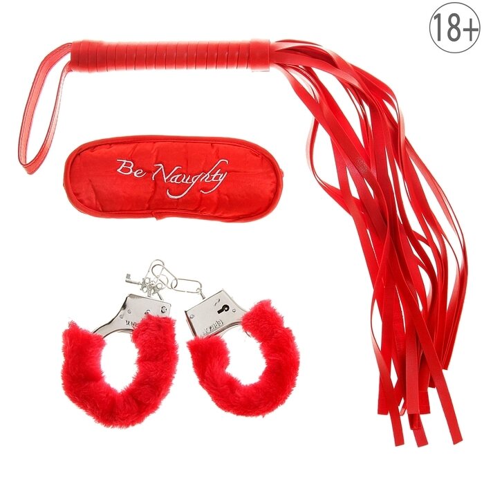 Набор влюбленных, 3 предмета: плетка, наручники, повязка, цвет красный от компании Интернет-гипермаркет «MALL24» - фото 1