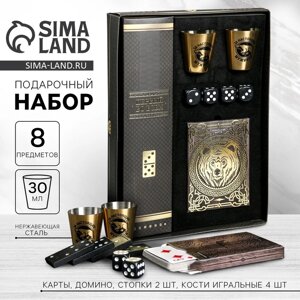 Набор "За настоящих мужиков", карты 36 шт., домино, стопки 30 мл 2 шт., кости игральные 4 шт.