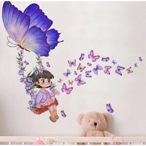 Наклейка пластик интерьерная цветная "Девочка на качелях с бабочками" набор 2 листа 30х40 см 95402