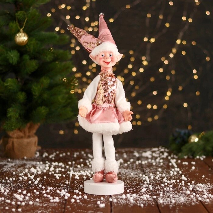 Новогодний шут "В платье с пайетками и мехом" 30 см, розово-белый от компании Интернет-гипермаркет «MALL24» - фото 1