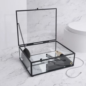 Органайзер для хранения, 1 секция, с крышкой, стеклянный, с зеркальным основанием, 20 16 см, цвет прозрачный/чёрный