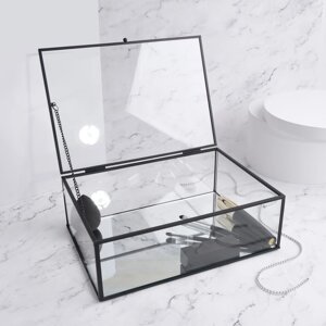 Органайзер для хранения, 1 секция, с крышкой, стеклянный, с зеркальным основанием, 25 17,5 см, цвет прозрачный/чёрный