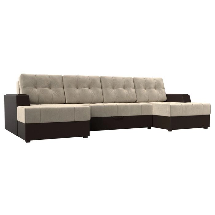 П-образный диван "Амир", механизм еврокнижка, микровельвет, цвет бежевый / коричневый от компании Интернет-гипермаркет «MALL24» - фото 1