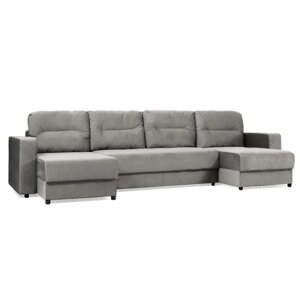 П-образный диван большой "Виват", механизм еврокнижка, велюр, цвет серый