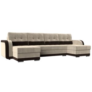 П-образный диван "Марсель", механизм еврокнижка, велюр, цвет бежевый / коричневый