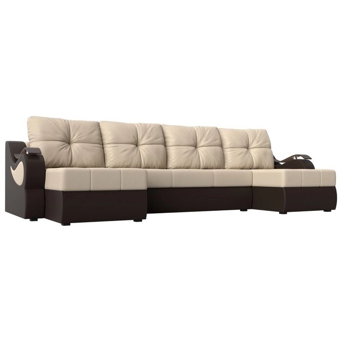 П-образный диван "Меркурий", механизм еврокнижка, экокожа, цвет бежевый / коричневый от компании Интернет-гипермаркет «MALL24» - фото 1
