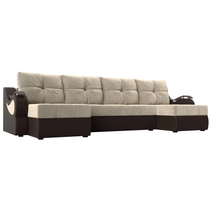 П-образный диван "Меркурий", механизм еврокнижка, микровельвет, цвет бежевый / коричневый от компании Интернет-гипермаркет «MALL24» - фото 1