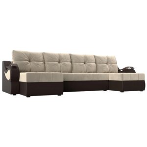 П-образный диван "Меркурий", механизм еврокнижка, микровельвет, цвет бежевый / коричневый