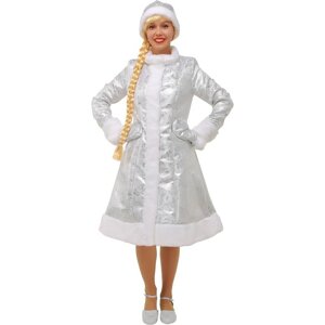 Карнавальный костюм "Снегурочка", шубка из парчи, шапочка, рукавички, цвет серебристый, р. 52