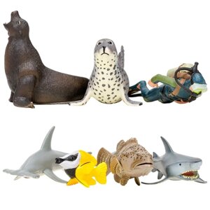 Набор фигурок: акула, морской леопард, рыба-лиса, морской лев, рыба-молот, рыба групер , дайвер 70