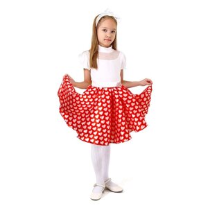 Карнавальный набор"Стиляги3"юбка красная с белыми сердцами, пояс, повязка, рост134-140