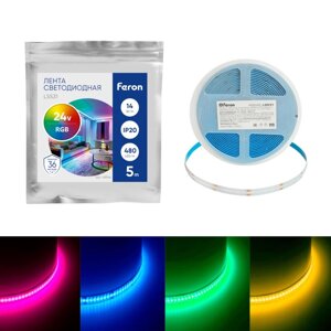 Светодиодная лента Feron 5 м, IP20, COB, 480 LED/м, 14 Вт/м, 24 В, свечение RGB