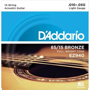 Струны для 12-струнной акустической гитары D`Addario EZ940 AMERICAN BRONZE 85/15 Light 10-50 23044