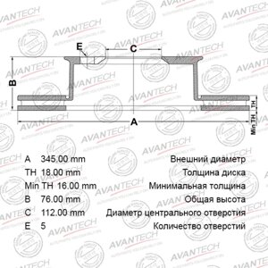 Диск тормозной AVANTECH (перфорированный)(RR/LH) TOYOTA LAND CRUISER (J200), LEXUS LX450D (URJ20) 76590