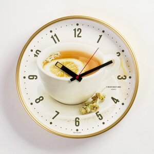 Часы настенные круглые "Чай с лимоном", золотистый обод, 30х30 см микс